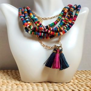 NECKLACE BUNDLE MULTICOLOR MULTI STRAND BEADS & GOLD TONE TASSLE CHAIN